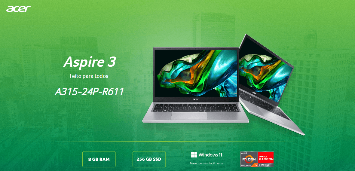 Notebook Acer Aspire 3 A315-24P-R611, AMD Ryzen™ 5 7520U, Tela 15.6 HD, 8GB, 256GB SSD, Windows 11, Prata - NX.KHQAL.004